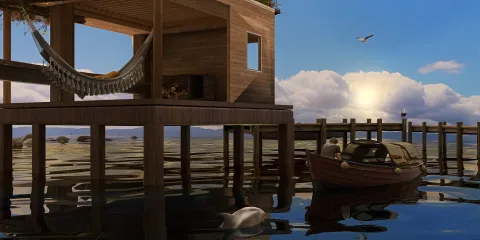 wooden house on stilts with hammock overlooking calm water at sunset, showcasing a serene coastal retreat, designed using Homestyler's real-time 3D rendering feature for accurate visualization.