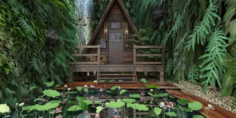 a wooden cabin surrounded by lush greenery and a serene water lily pond enhancing the tranquil outdoor space with a natural aesthetic, featuring Homestyler's AR virtual placement of furniture for enhanced design visualization.
