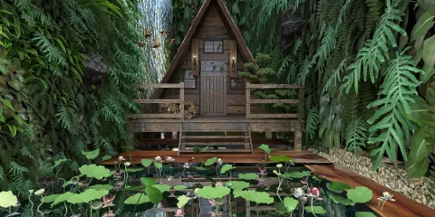 A quaint wooden cabin nestled in lush greenery with water lilies in a serene pond, showcasing a rustic design that enhances the natural landscape, using Homestyler's real-time 3D rendering feature for interior decor visualization.