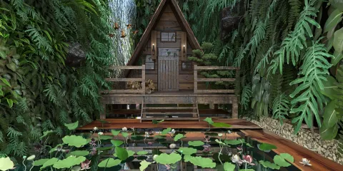 a rustic cabin surrounded by lush greenery and a tranquil pond with water lilies, showcasing an organic design style that emphasizes nature, utilizing Homestyler's real-time 3D rendering feature for immersive visualization.