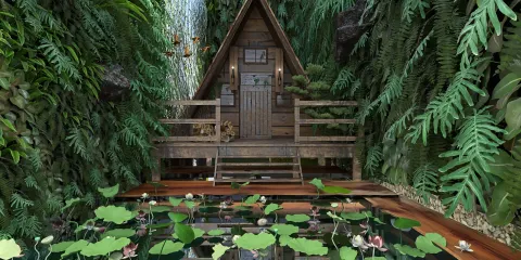 rustic wooden cabin surrounded by lush greenery and water lilies, showcasing a serene outdoor space complemented by natural elements, ideal for interior decor inspiration and utilizing Homestyler's real-time 3D rendering feature.