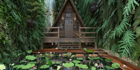 wooden cabin surrounded by lush greenery and water lilies, showcasing an immersive natural retreat design, featuring Homestyler's real-time 3D rendering for effective outdoor space visualization.
