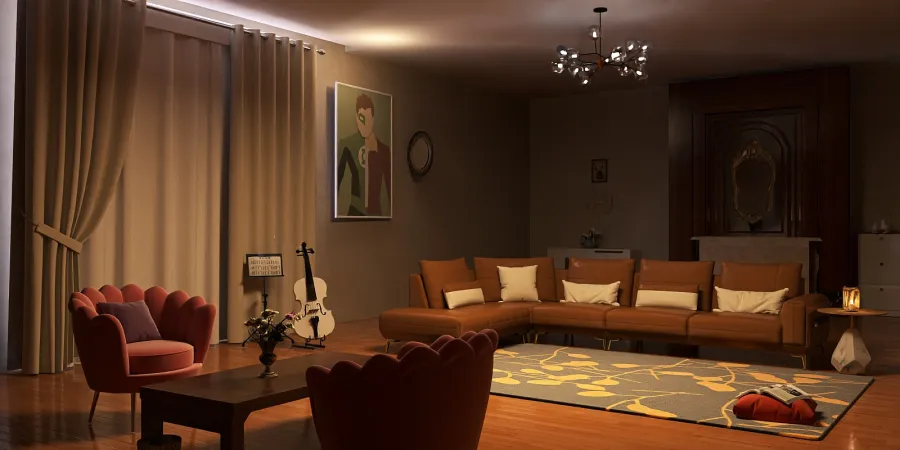 a living room with a couch, coffee table and a lamp 