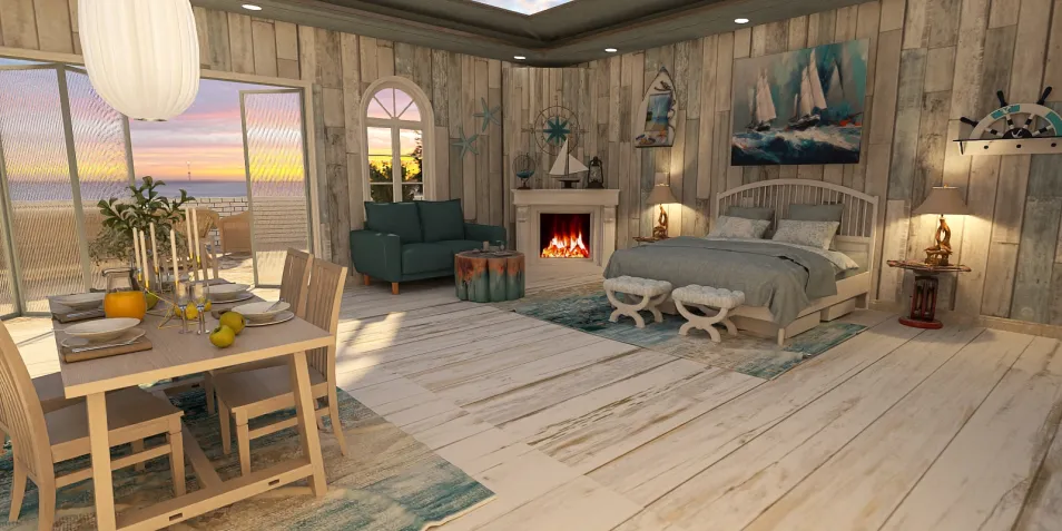 cozy coastal bedroom with integrated living space and natural light, featuring rustic wooden walls and a warm fireplace, designed using Homestyler's real-time 3D rendering for realistic interior visualization.