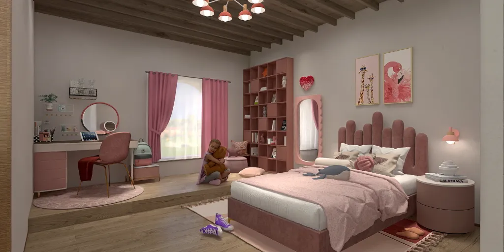 a bedroom with a bed, a desk, and a lamp 