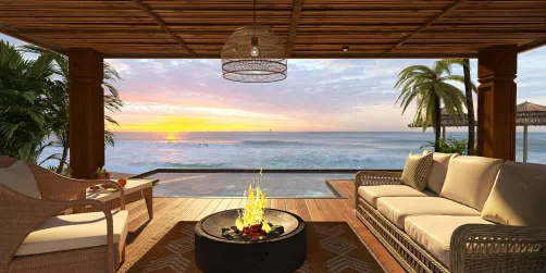 outdoor seating area with fire pit and ocean view, creating a relaxing ambiance with tropical style, showcasing an interior design idea for a modern patio using Homestyler's real-time 3D rendering feature.