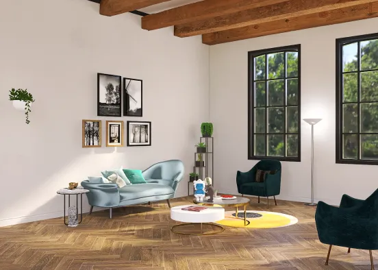 a traditional living room with green accents Design Rendering