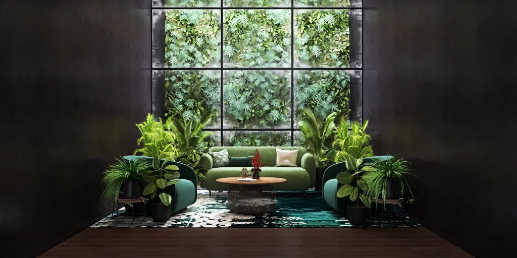 a table with a plant and a window 
