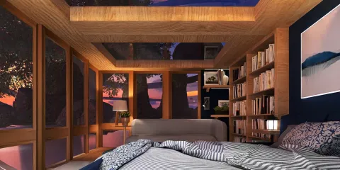 cozy bedroom with panoramic windows showcasing sunset views, featuring modern design elements and a natural wood ceiling, utilizing Homestyler's real-time 3D rendering for an immersive visual experience.
