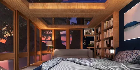 bedroom with large windows showcasing a sunset view, featuring wooden elements and modern furniture, designed for a cozy and beautiful indoor experience; utilizing Homestyler's real-time 3D rendering feature for showcasing design proposals.