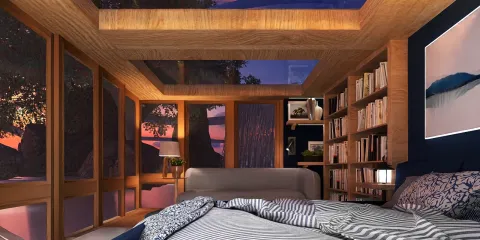 modern bedroom interior featuring large windows with sunset views, showcasing a cozy design style; utilizing Homestyler's real-time 3D rendering for visual preview.