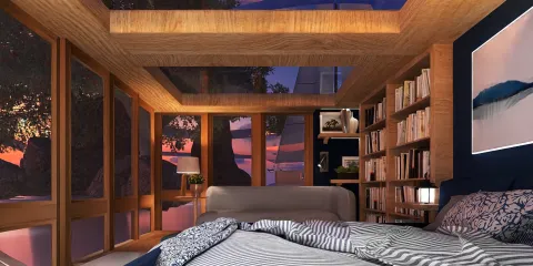 cozy bedroom with large windows showcasing sunset views, featuring modern wooden furniture and a layered bedding design, optimized for interior decor showcasing Homestyler's real-time 3D rendering capabilities.