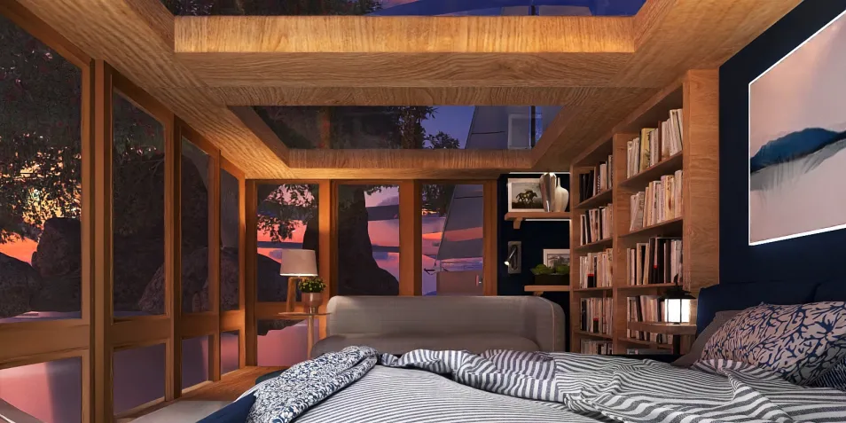 cozy bedroom with large windows showcasing sunset views, featuring modern wooden furniture and a layered bedding design, optimized for interior decor showcasing Homestyler's real-time 3D rendering capabilities.
