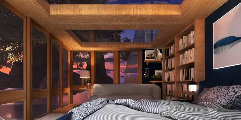 cozy bedroom design featuring wooden accents and a modern bookshelf, showcasing a contemporary style with emphasis on natural light and warm colors, utilizing Homestyler's real-time 3D rendering feature.