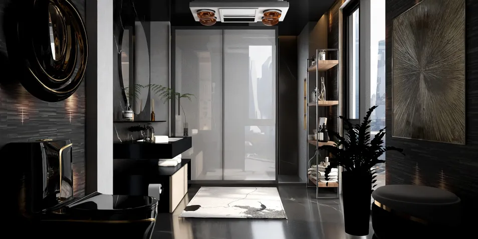 modern bathroom design featuring sleek black tiles and elegant decor, utilizing Homestyler's real-time 3D rendering for a realistic preview of the space.