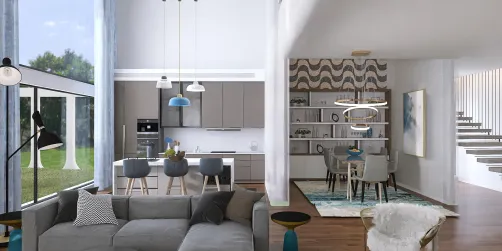 Modern blue tone kitchen and dining 
