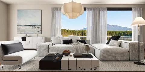 modern living room design featuring a sectional sofa, overlooking a scenic view, designed in a minimalist style, showcasing Homestyler's real-time 3D rendering feature.