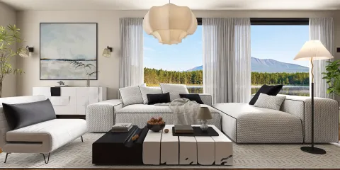 modern living room with sleek furniture arrangement featuring a large sectional sofa and a coffee table, designed in a minimalist style for enhancing interior decor; utilizing Homestyler's real-time 3D rendering feature for design proposal presentation.