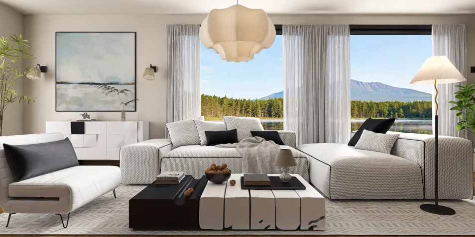 modern living room with sleek furniture arrangement featuring a large sectional sofa and a coffee table, designed in a minimalist style for enhancing interior decor; utilizing Homestyler's real-time 3D rendering feature for design proposal presentation.