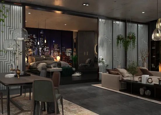 # Bedroom is divided by sliding doors  Renderização de Design
