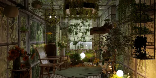 a serene indoor garden space featuring lush greenery and a cozy seating area with natural wood elements, designed using Homestyler's real-time 3D rendering for a realistic preview of sustainable interior decor.