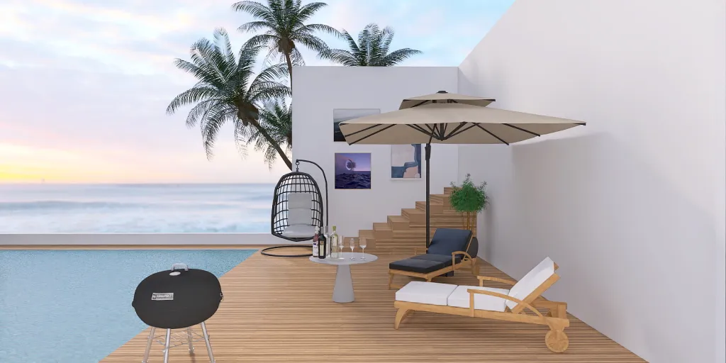 a patio area with a chair, umbrella, and a table 