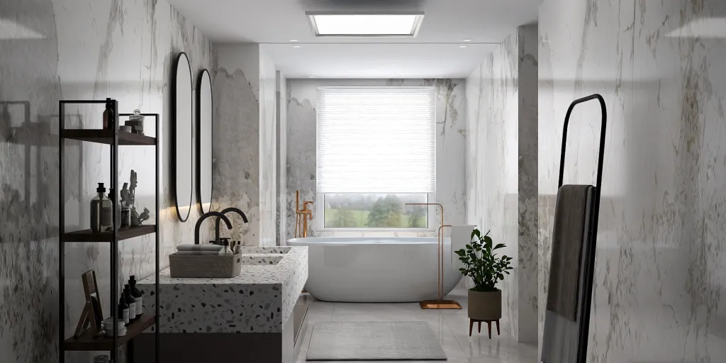 a large bathroom with a large window 