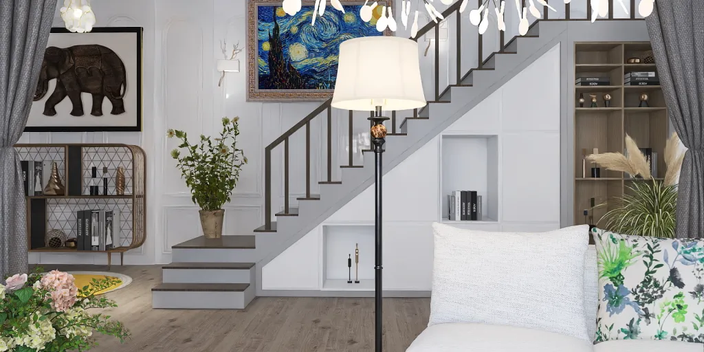 a room with a painting on the wall and a staircase 