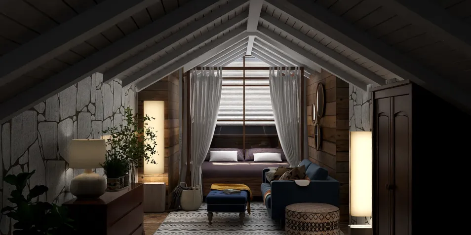 Cozy attic bedroom design showcasing smart furniture arrangement in rustic style, featuring a blend of modern and traditional decor elements. Utilizing Homestyler’s real-time 3D rendering for an immersive visual experience.