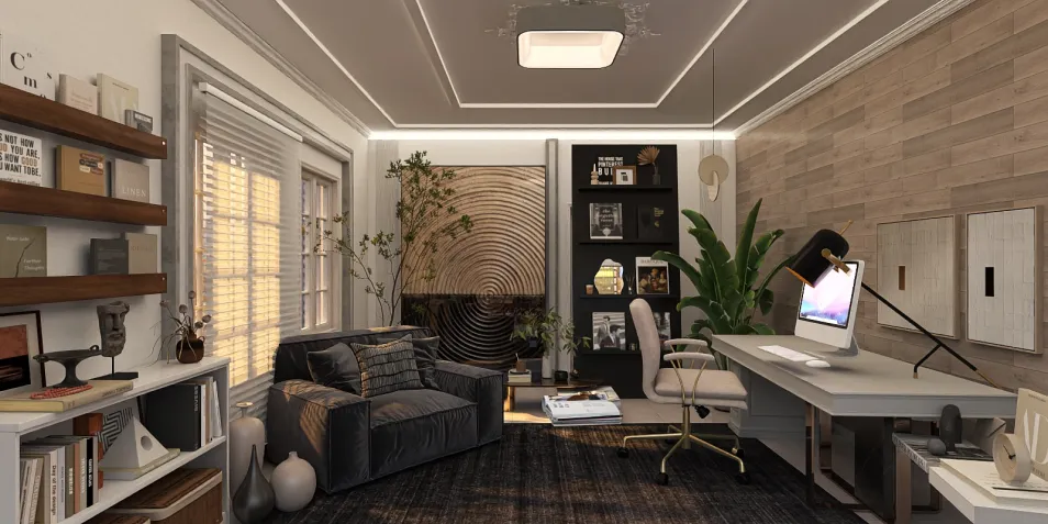 modern home office with stylish furniture arrangement featuring a cozy sofa and a sleek desk, designed for optimal productivity, showcasing Homestyler's real-time 3D rendering capabilities.