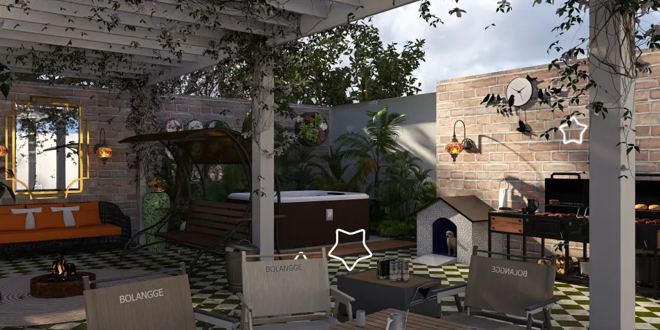 outdoor living area with seating and jacuzzi featuring a modern design aesthetic, perfect for entertainment and relaxation, utilizing Homestyler's real-time 3D rendering for visualizing outdoor spaces.