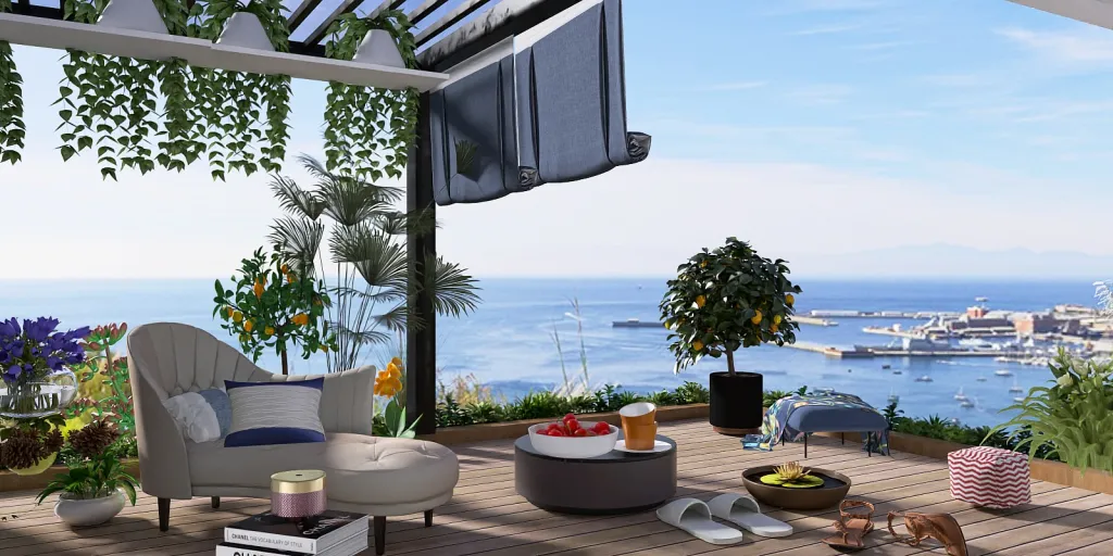 a patio with a view of the ocean and a beach 