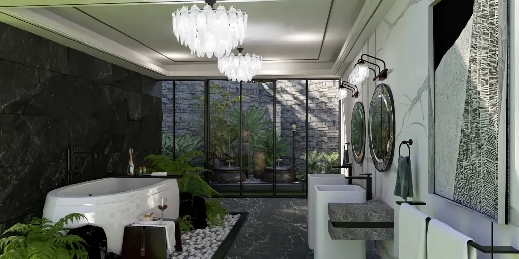 a large bathroom with a large window 