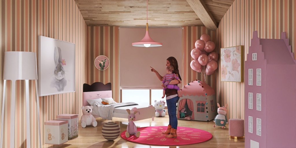 a girl standing in a room with a pink wall 