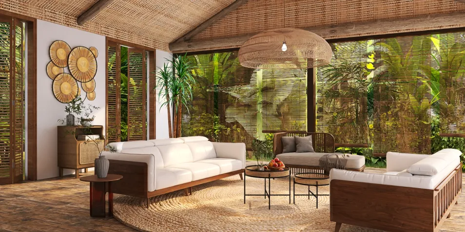 cozy living room with natural materials showcasing a tropical design aesthetic featuring comfortable seating and large windows for ample light, utilizing Homestyler's real-time 3D rendering feature for a realistic preview.