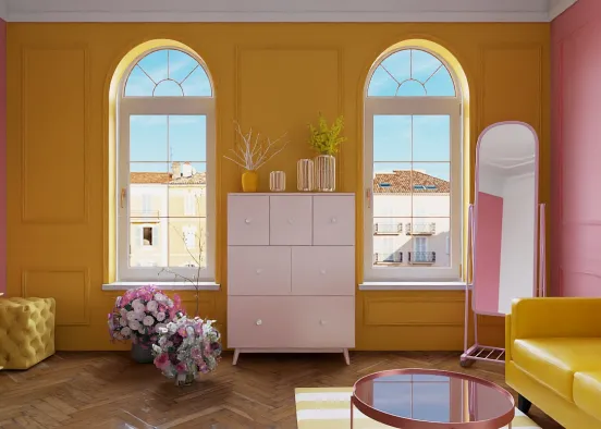 Ein gelb pinkes Wohnzimmer  Design Rendering