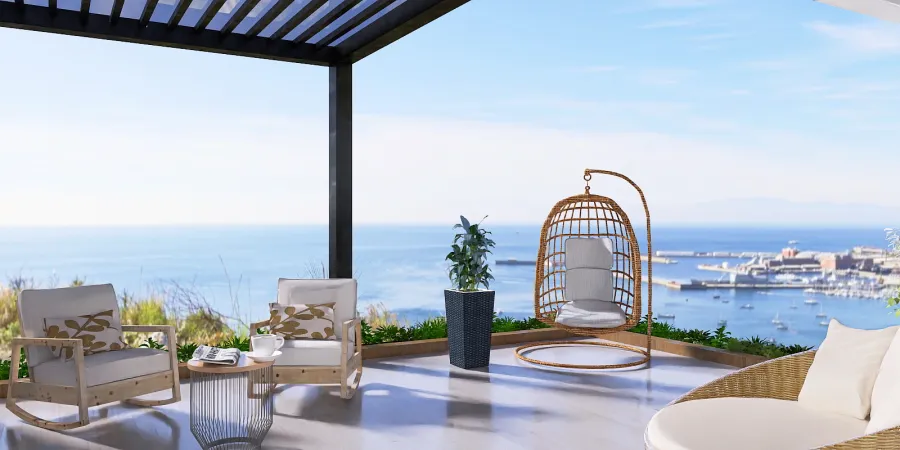 a large patio with a view of the ocean 