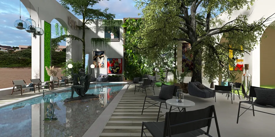 outdoor seating area with a modern design featuring a large tree and greenery, creating a relaxed atmosphere for social gatherings, utilizing Homestyler's real-time 3D rendering feature.