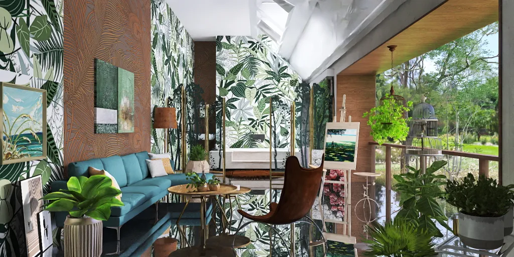 a living room with a large window and a large plant 