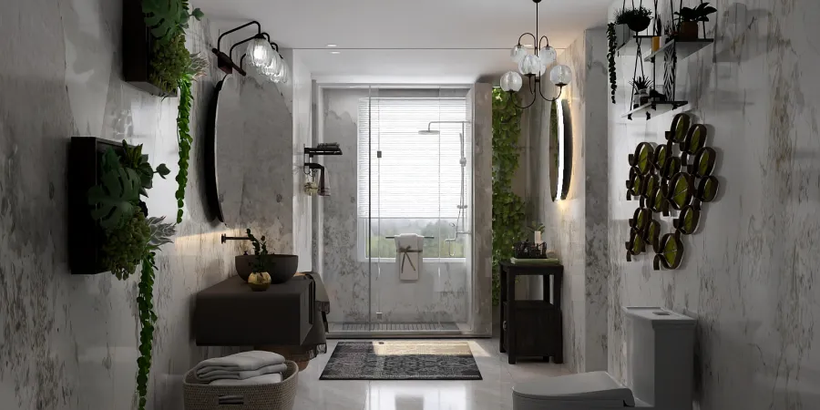 a bathroom with a large window and a large mirror 