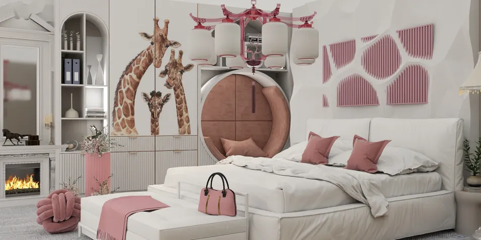 A modern bedroom featuring giraffe-themed decor, showcasing a soft color palette and elegant furniture arrangement, designed using Homestyler's real-time 3D rendering for an immersive design experience.