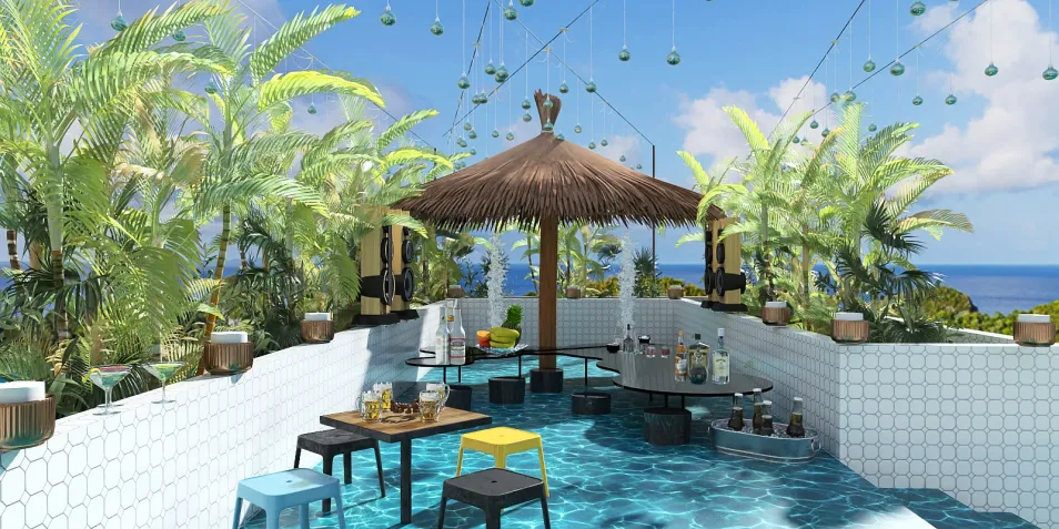 tropical terrace with a straw hut and modern tables offering a relaxing outdoor dining experience in a vibrant, tropical style leveraging Homestyler's real-time 3D rendering for design previews
