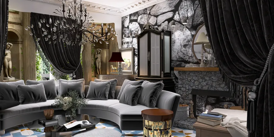 luxurious living room with a black and gold color scheme featuring an elegant curved sofa and a stunning chandelier, designed using Homestyler's real-time 3D rendering feature