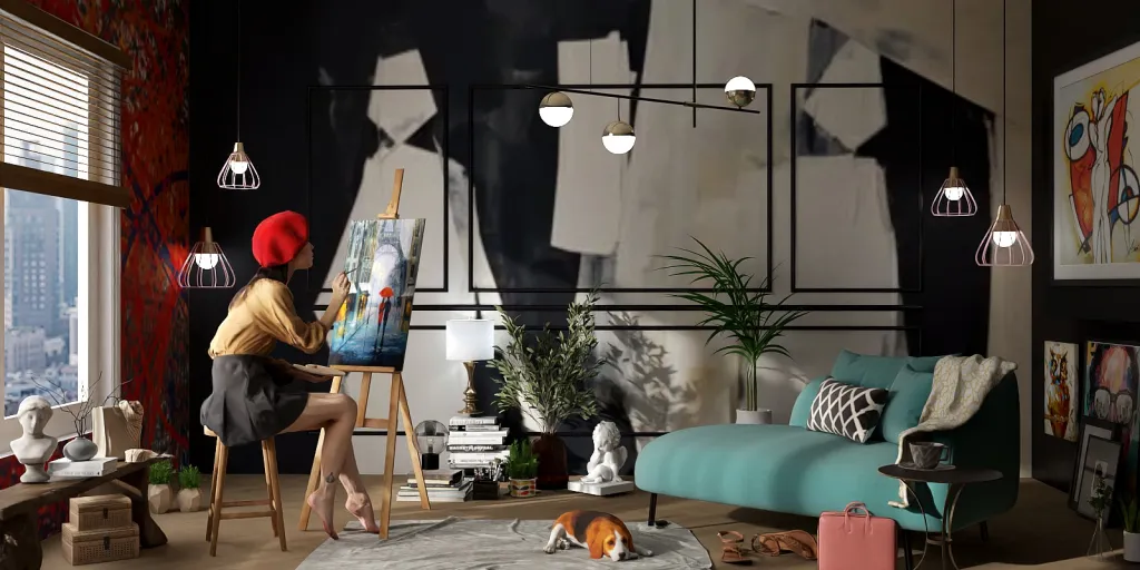 a woman standing in a living room next to a painting 