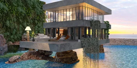 modern architectural house overlooking water with natural landscaping and large windows, showcasing 3D interior design features using Homestyler's real-time 3D rendering functionality