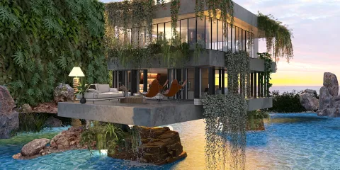 modern villa design with lush greenery and a pool, showcasing outdoor living space, featuring Homestyler's real-time 3D rendering for realistic visualization.