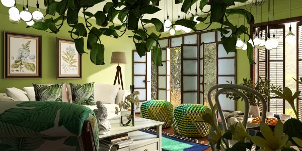 Living room with tropical plants and modern furniture showcasing a vibrant green color scheme, designed using Homestyler's real-time 3D rendering feature for immersive interior design visualization.
