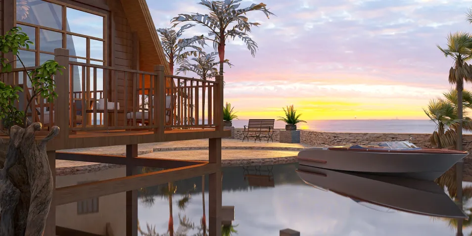 modern beach house with deck overlooking water at sunset, featuring tropical plants and a boat, utilizing Homestyler's real-time 3D rendering for accurate design previews.