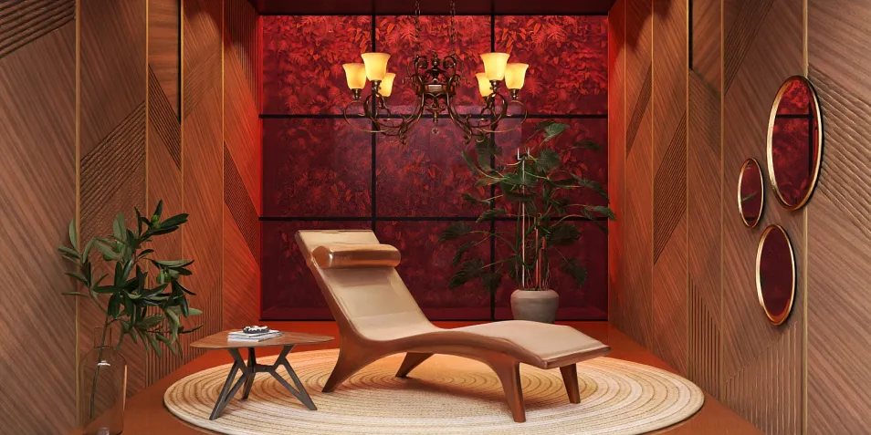 wooden lounge chair positioned elegantly in a cozy setting with warm red walls and ambient lighting, creating a luxurious atmosphere for relaxation; showcasing interior decor inspiration with Homestyler's 3D rendering feature.