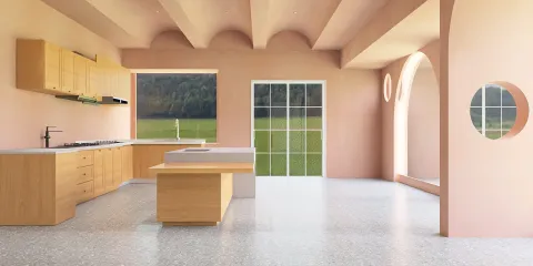 Modern kitchen design featuring wooden cabinetry and an open layout with large windows for natural light, utilizing Homestyler's real-time 3D rendering capabilities for a realistic preview.